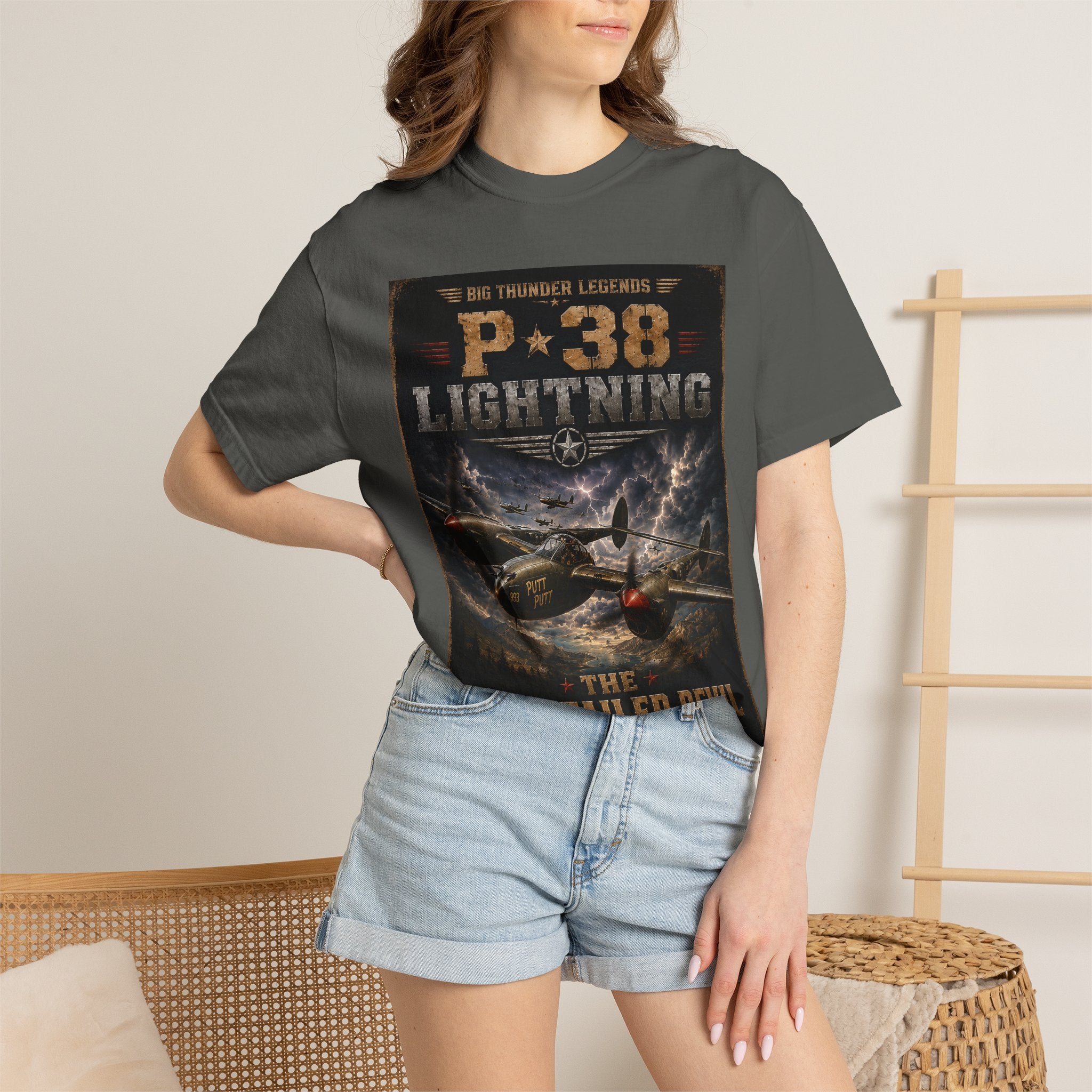 P-38 Lightning Aircraft Poster T-Shirt | Fork-Tailed Devil WWII Plane