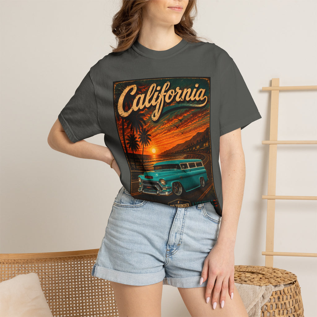 California Sunset Vintage Surf Wagon T-Shirt | Beach Palm Trees Retro Car