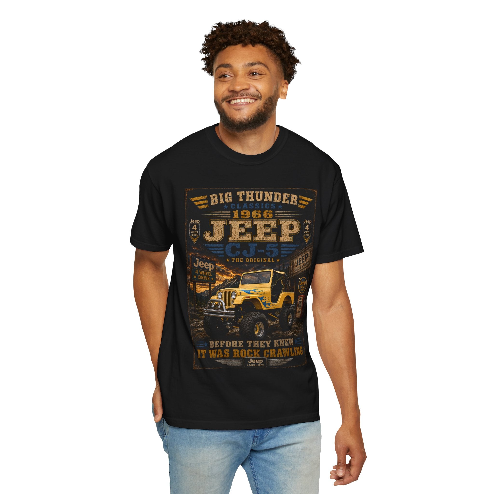 1966 Jeep CJ-5 Big Thunder Vintage Jeep T-Shirt | Off-Road Rock Crawling