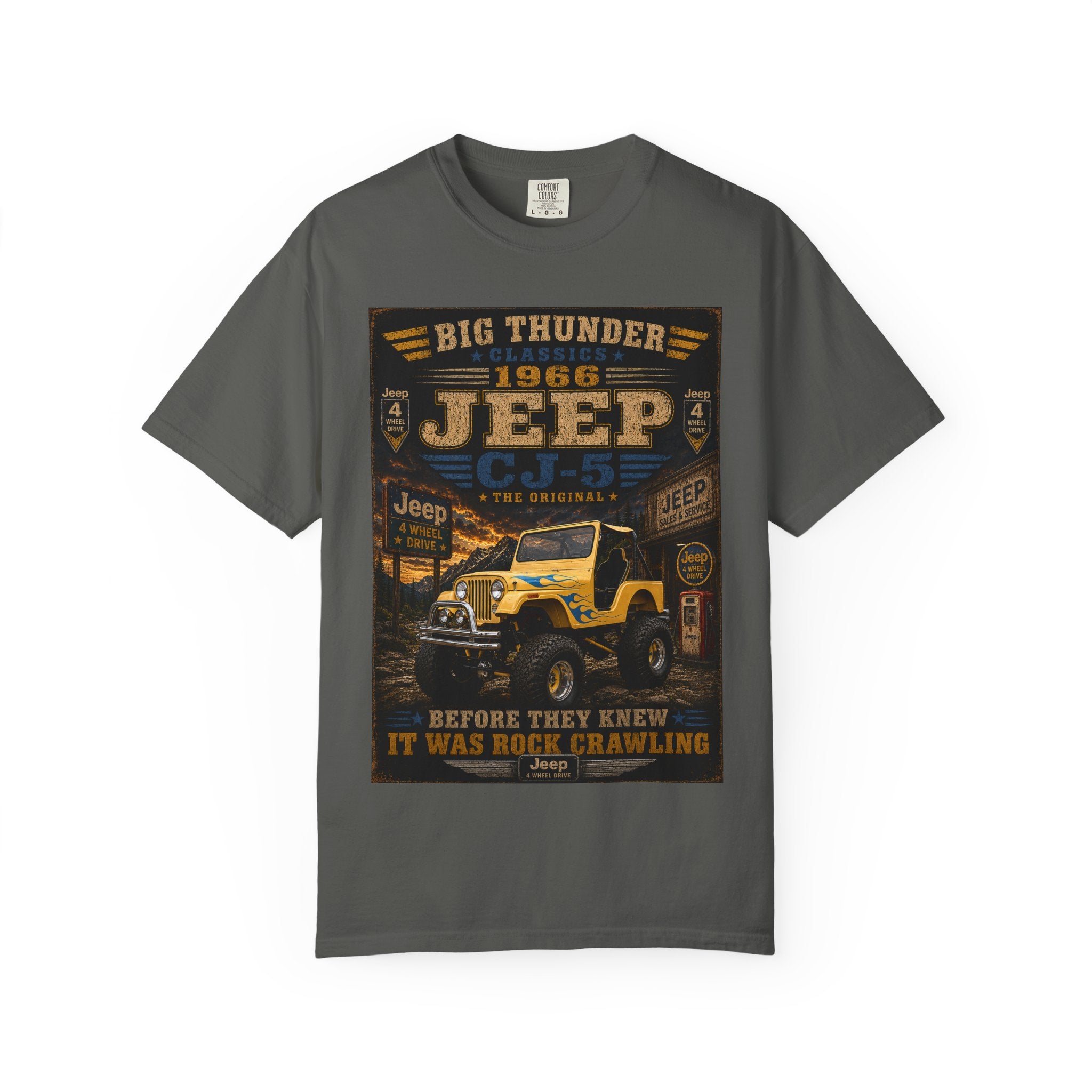 1966 Jeep CJ-5 Big Thunder Vintage Jeep T-Shirt | Off-Road Rock Crawling