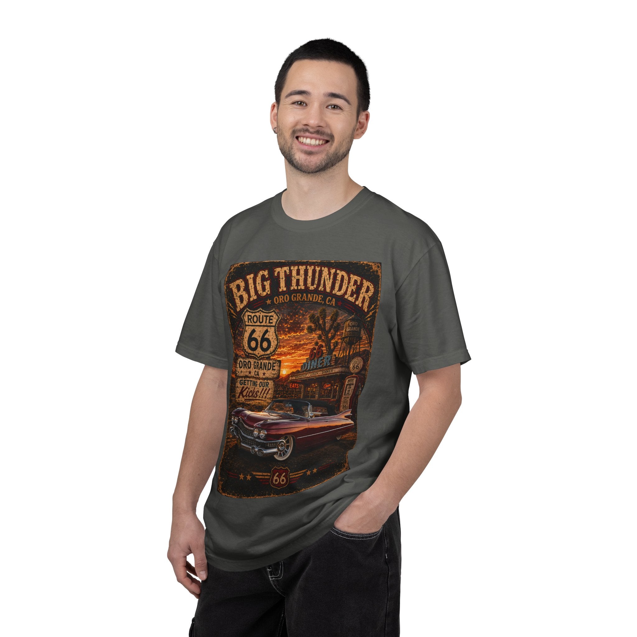 Route 66 Big Thunder Vintage Muscle Car T-Shirt | Retro Roadside Sign Graphic