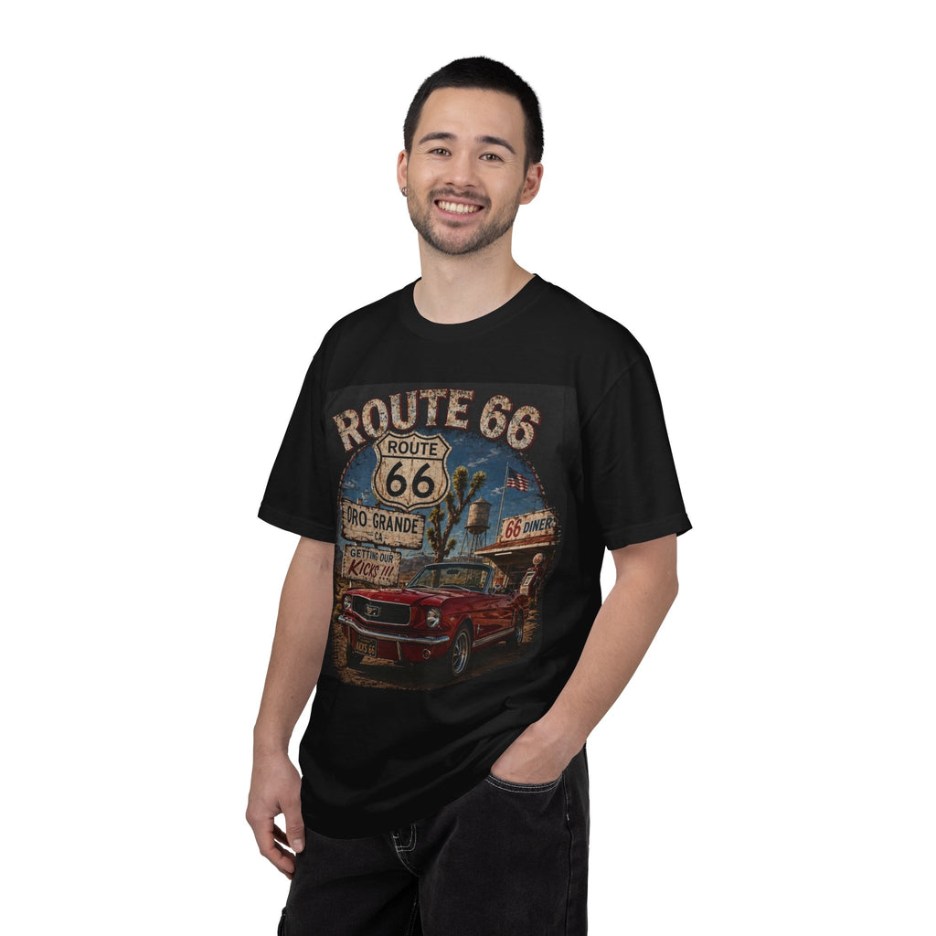 Route 66 Classic Mustang T-Shirt | Retro Road Sign Car Graphic