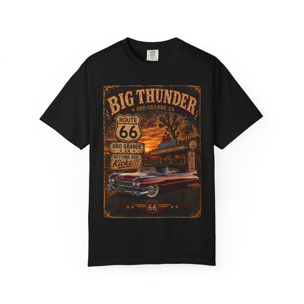Route 66 Big Thunder Vintage Muscle Car T-Shirt | Retro Roadside Sign Graphic