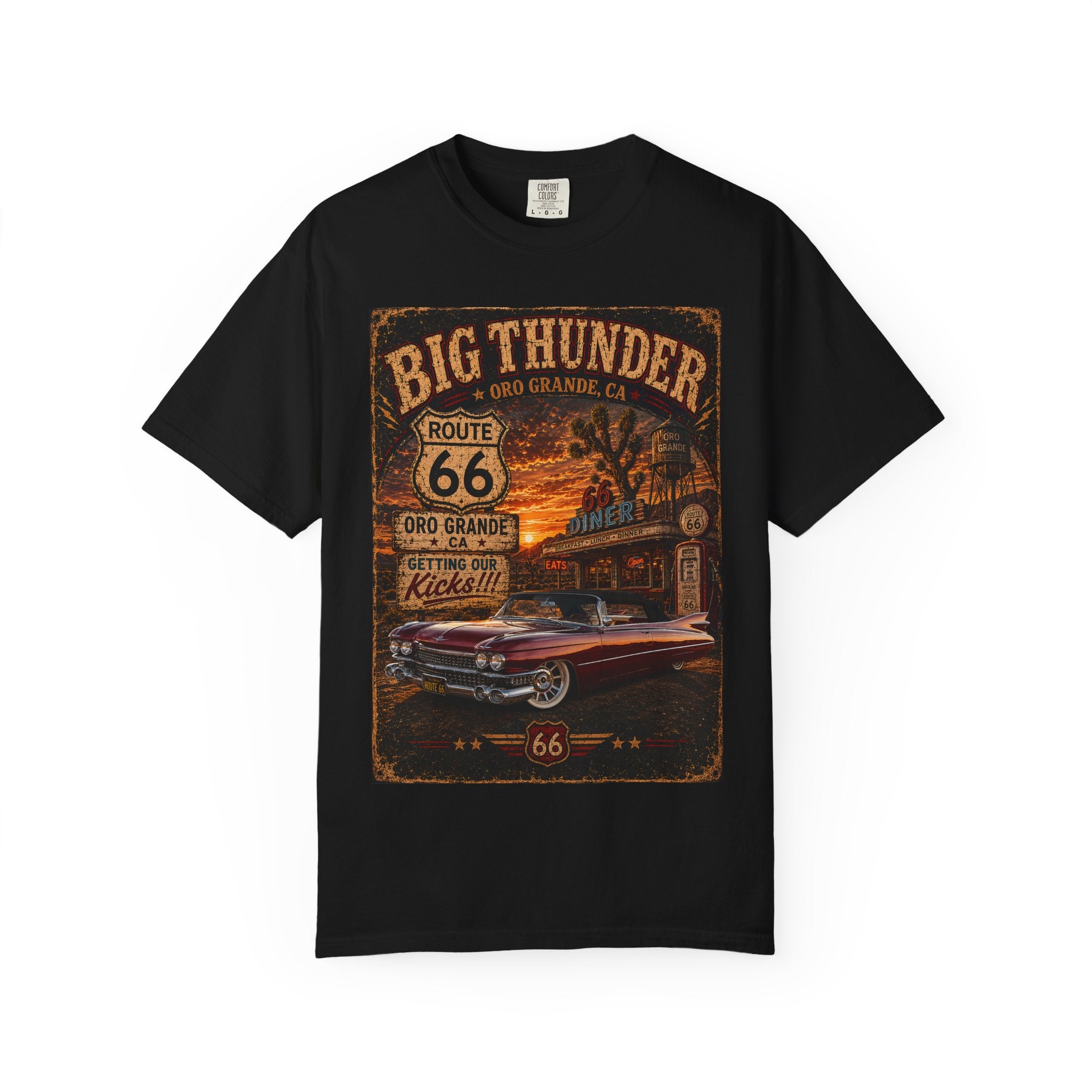 Route 66 Big Thunder Vintage Muscle Car T-Shirt | Retro Roadside Sign Graphic