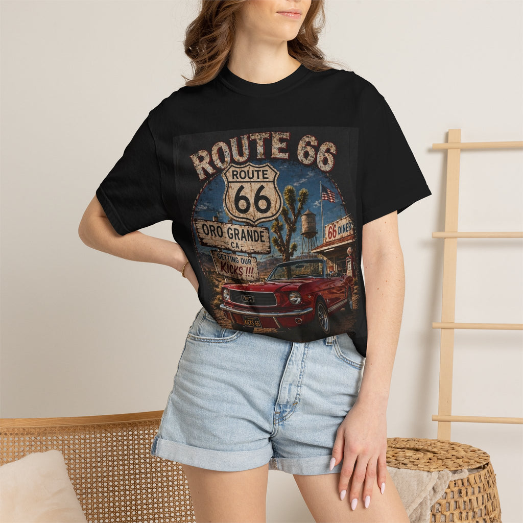 Route 66 Classic Mustang T-Shirt | Retro Road Sign Car Graphic