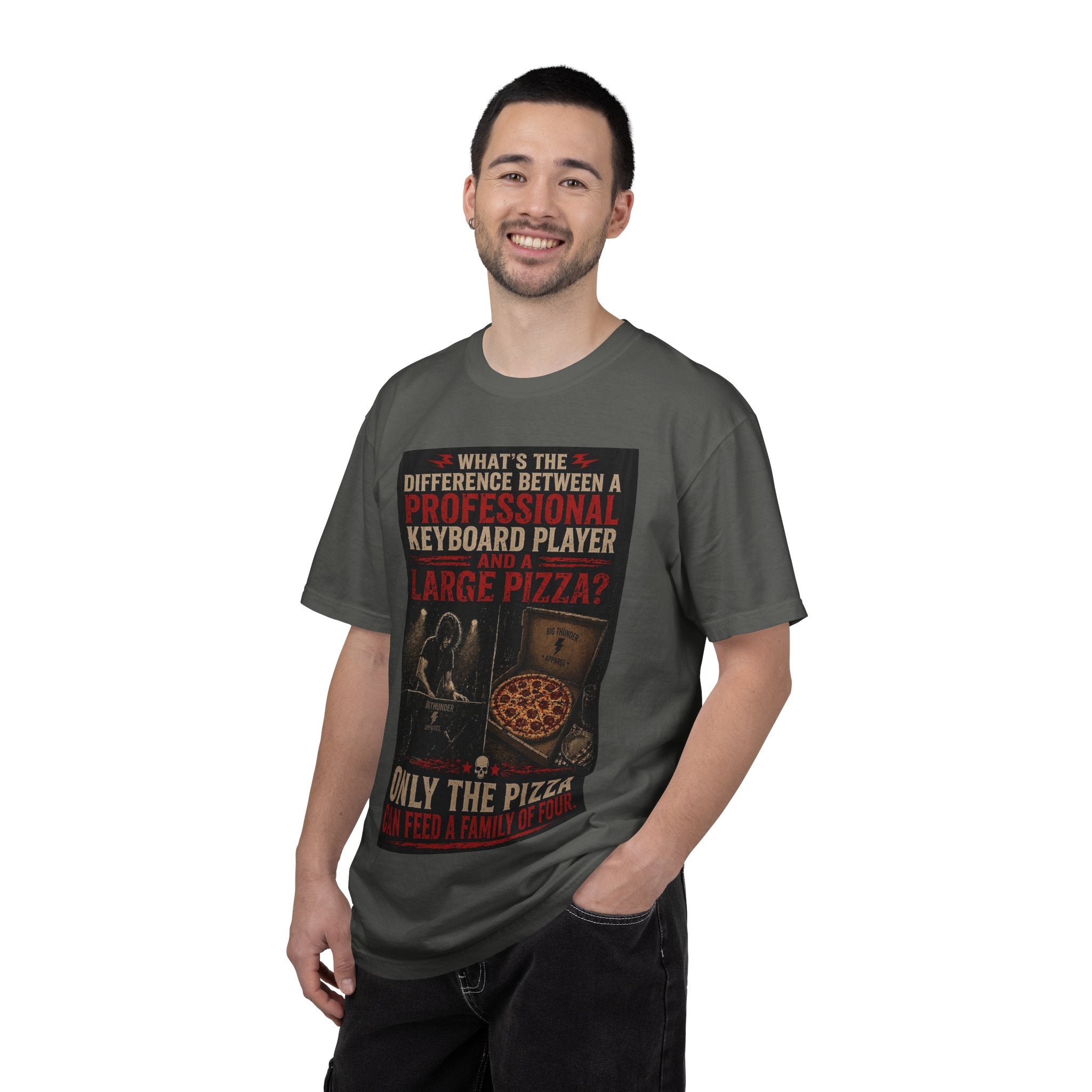 Keyboard Player Pizza Joke T-Shirt | Funny Musician Graphic Tee