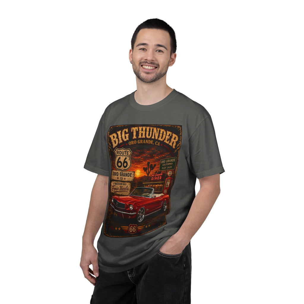 Big Thunder Route 66 Muscle Car T-Shirt | Retro Roadside Signage