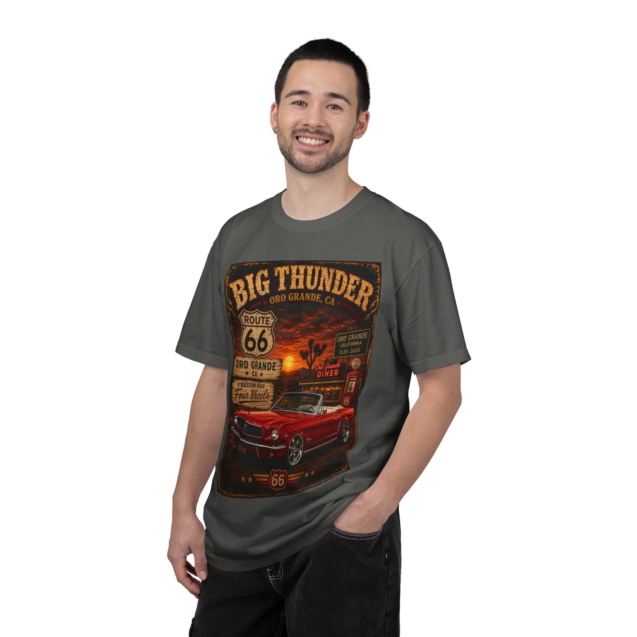 Big Thunder Route 66 Muscle Car T-Shirt | Retro Roadside Signage