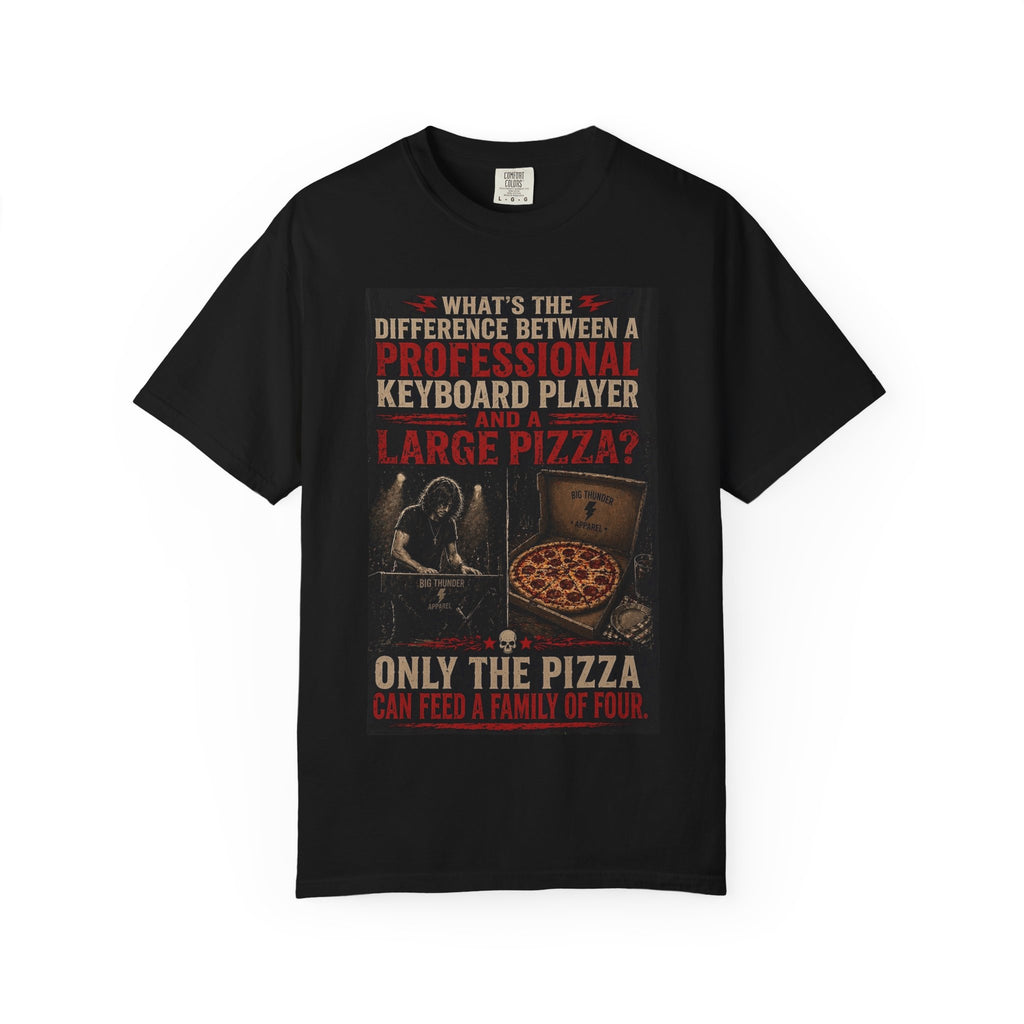 Keyboard Player Pizza Joke T-Shirt | Funny Musician Graphic Tee
