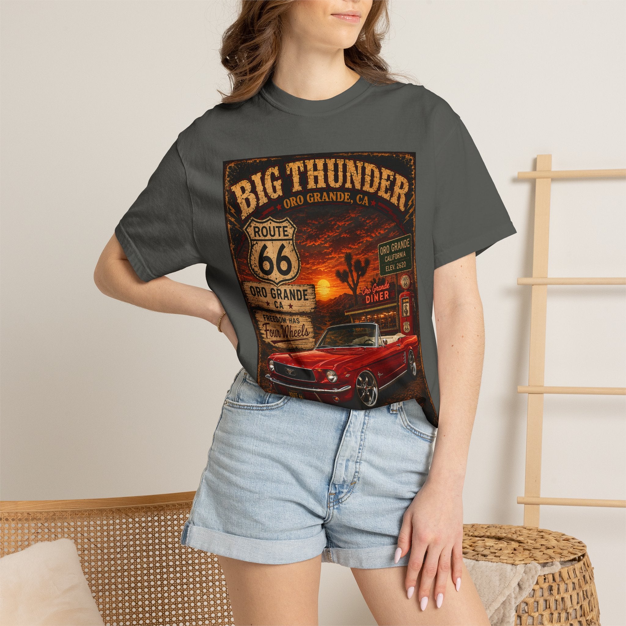 Big Thunder Route 66 Muscle Car T-Shirt | Retro Roadside Signage
