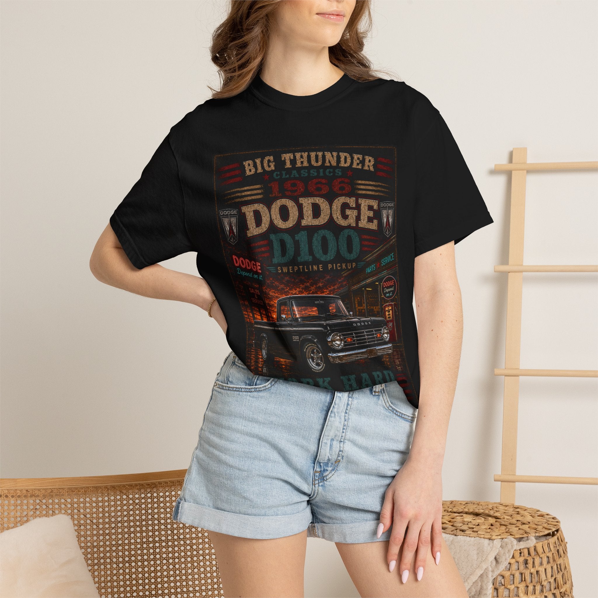 1966 Dodge D100 Truck Vintage Poster T-Shirt | Work Hard Look Good