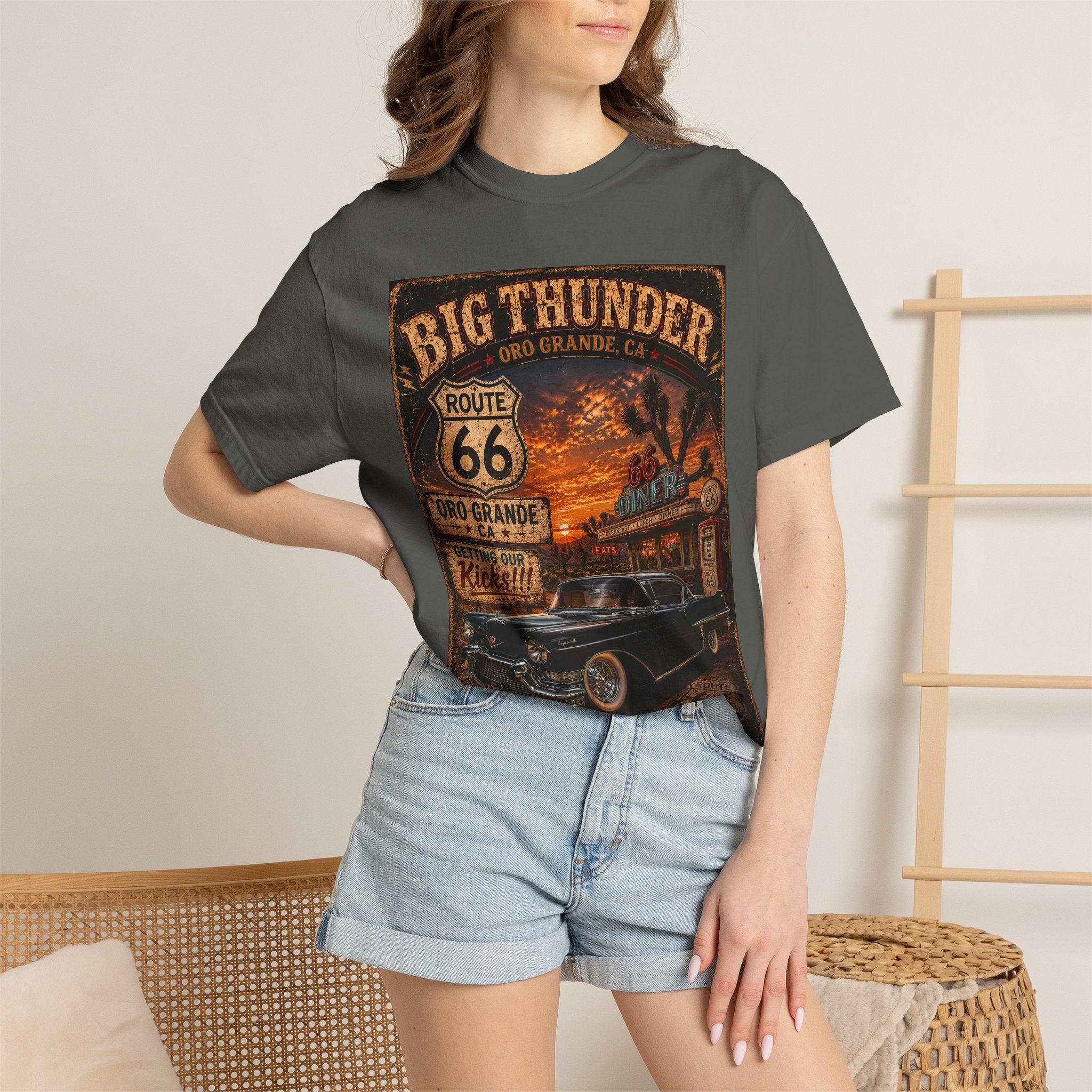 Big Thunder Route 66 Retro Car Poster T-Shirt | Vintage Road Trip Tee