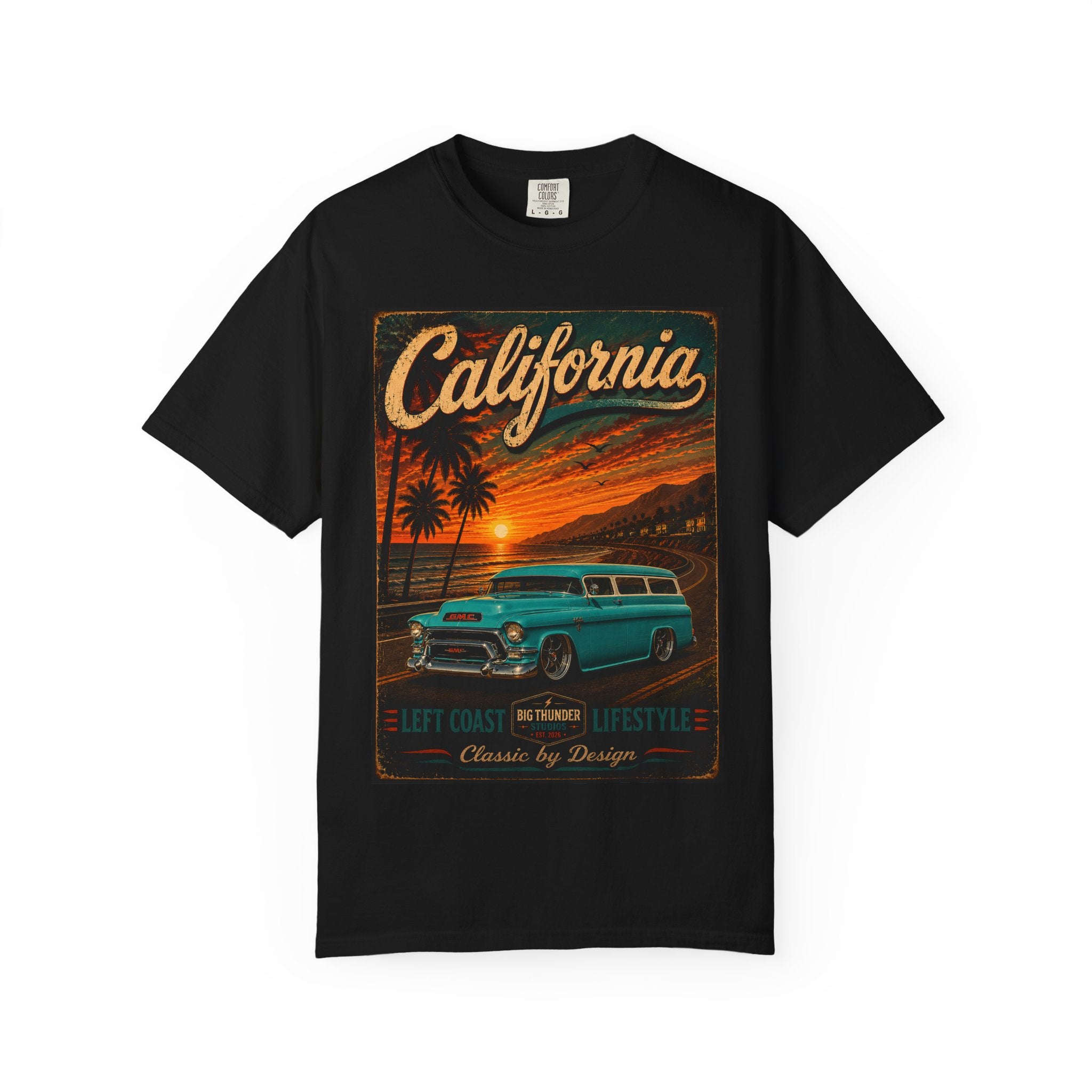 California Sunset Vintage Surf Wagon T-Shirt | Beach Palm Trees Retro Car