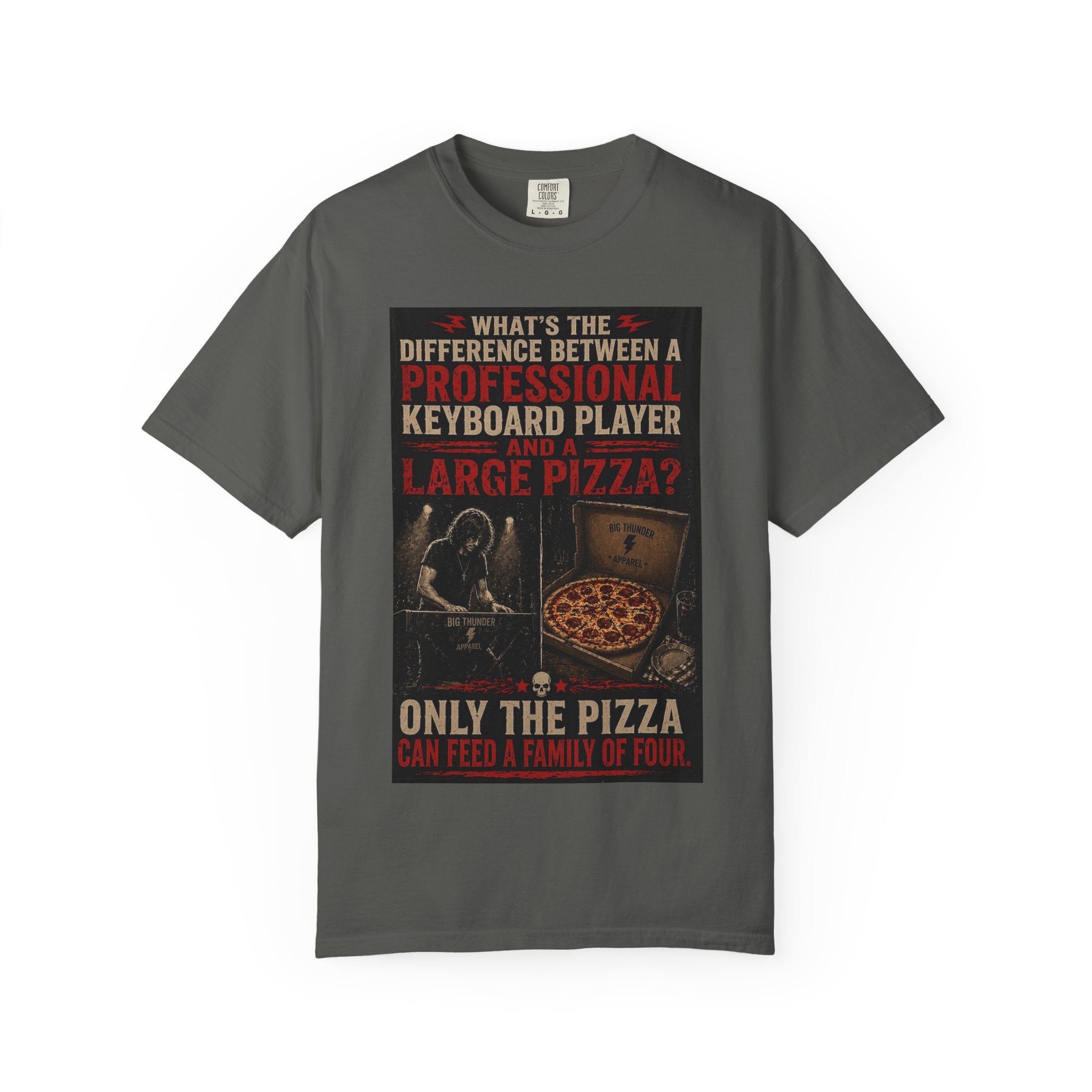 Keyboard Player Pizza Joke T-Shirt | Funny Musician Graphic Tee