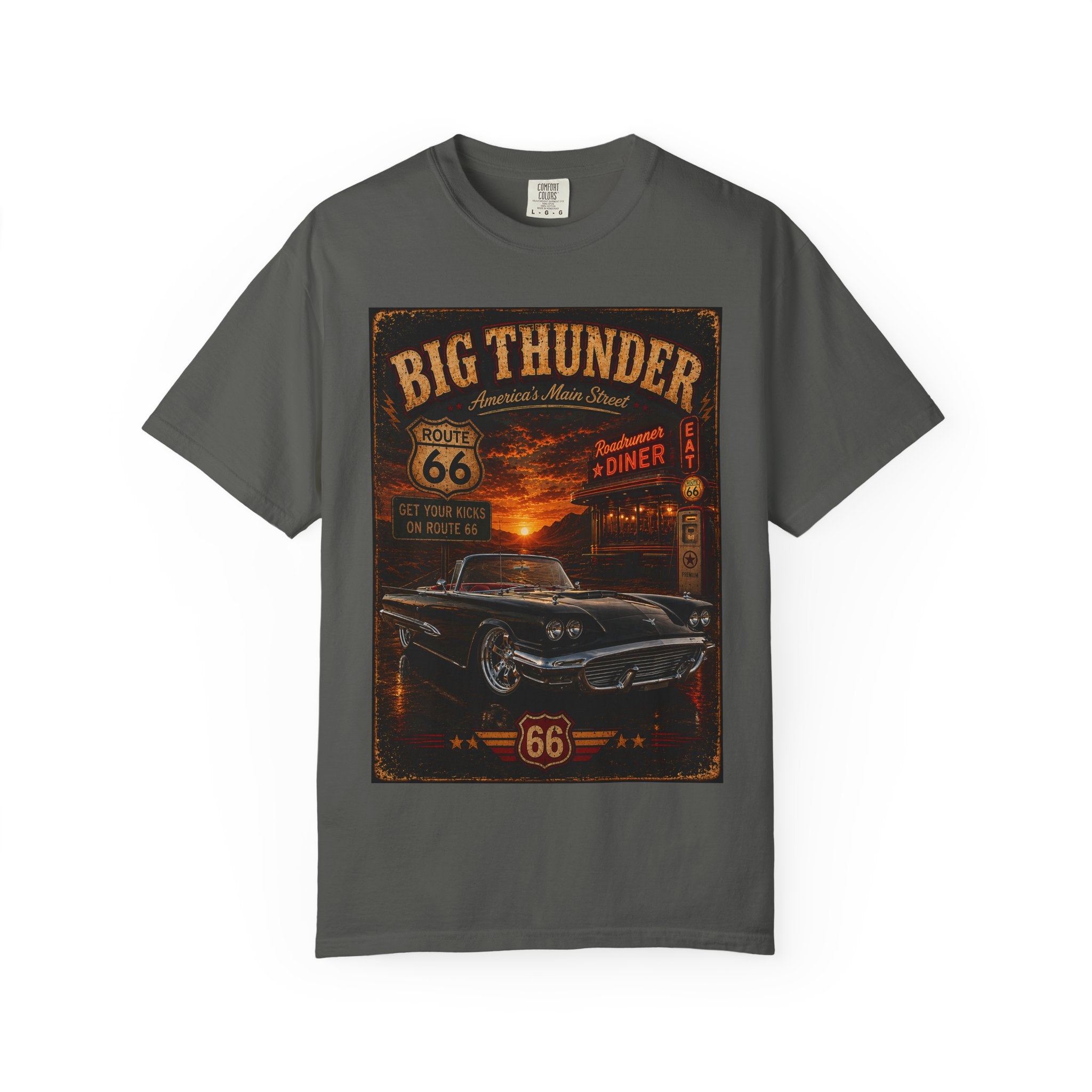 Big Thunder Route 66 Vintage Car T-shirt | Retro Diner Sunset Tee