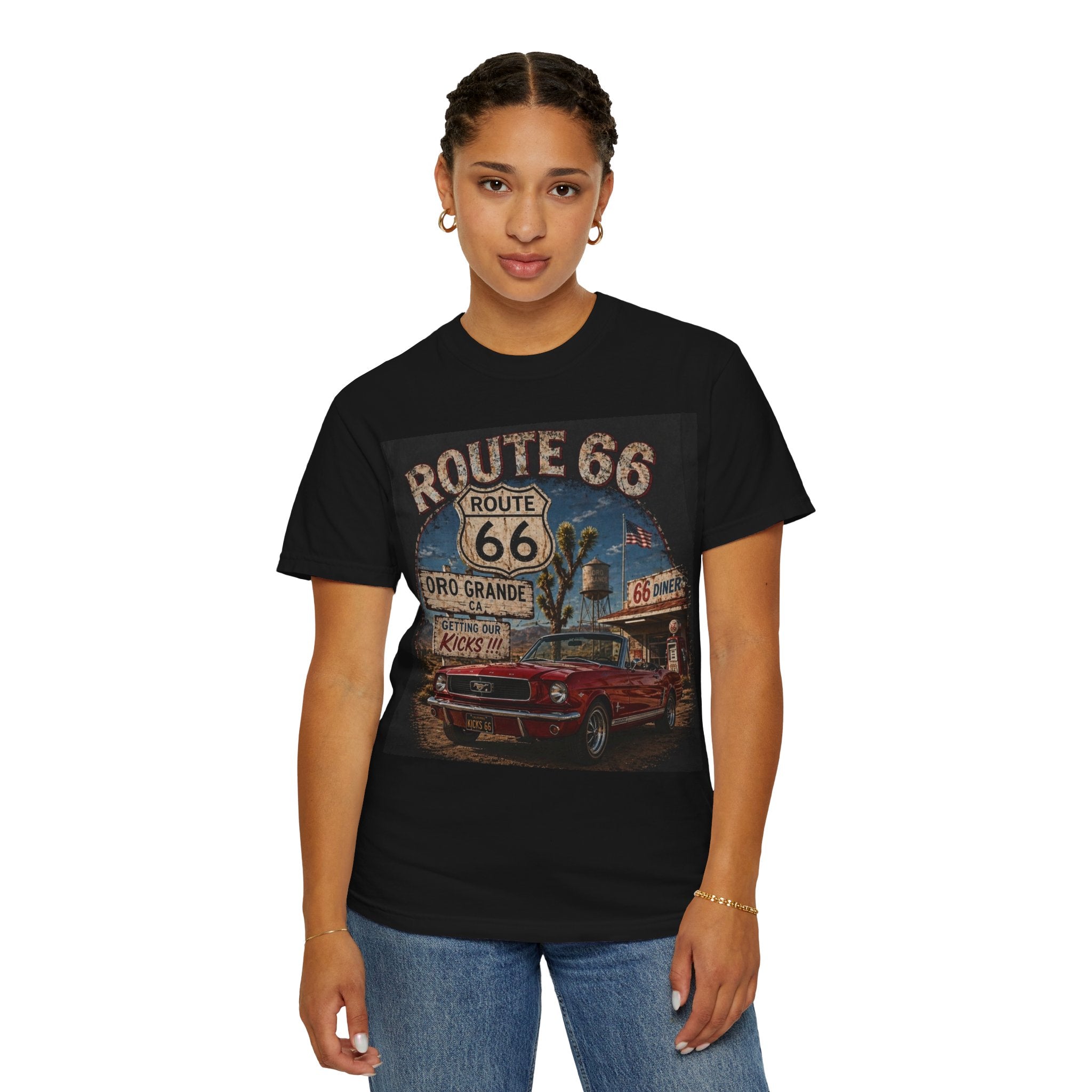 Route 66 Classic Mustang T-Shirt | Retro Road Sign Car Graphic
