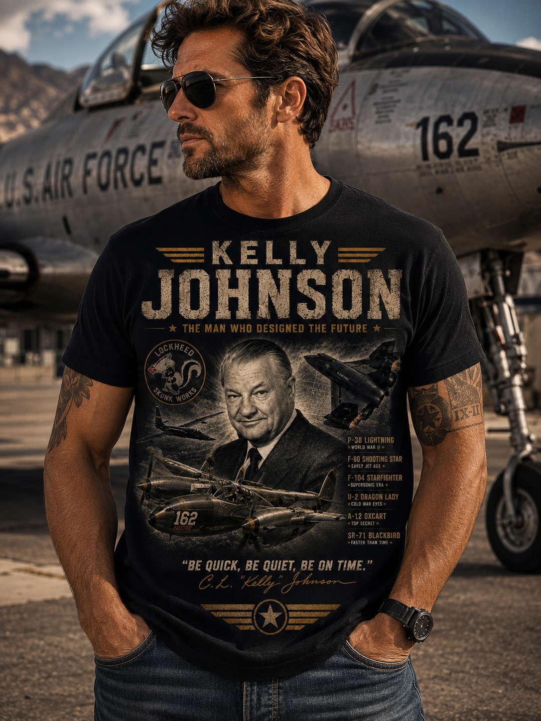 Kelly Johnson portrait T-Shirt | Skunk Works aviation poster design