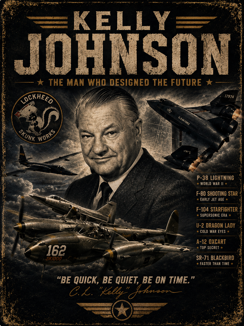 Kelly Johnson portrait T-Shirt | Skunk Works aviation poster design