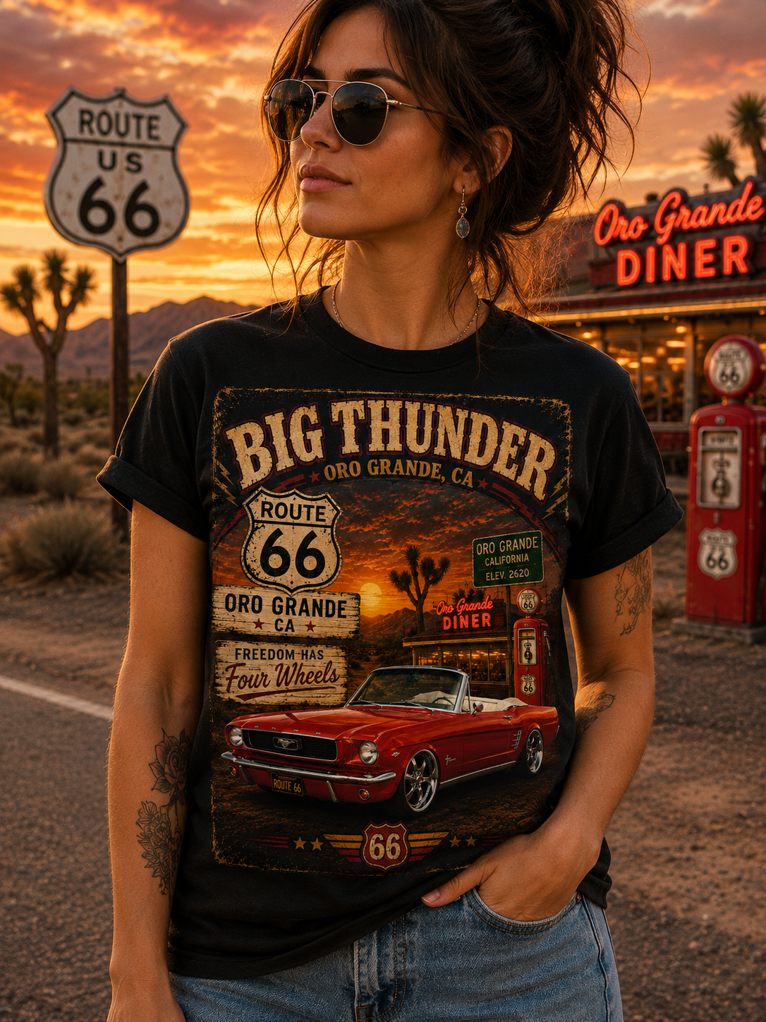 Big Thunder Route 66 Muscle Car T-Shirt | Retro Roadside Signage