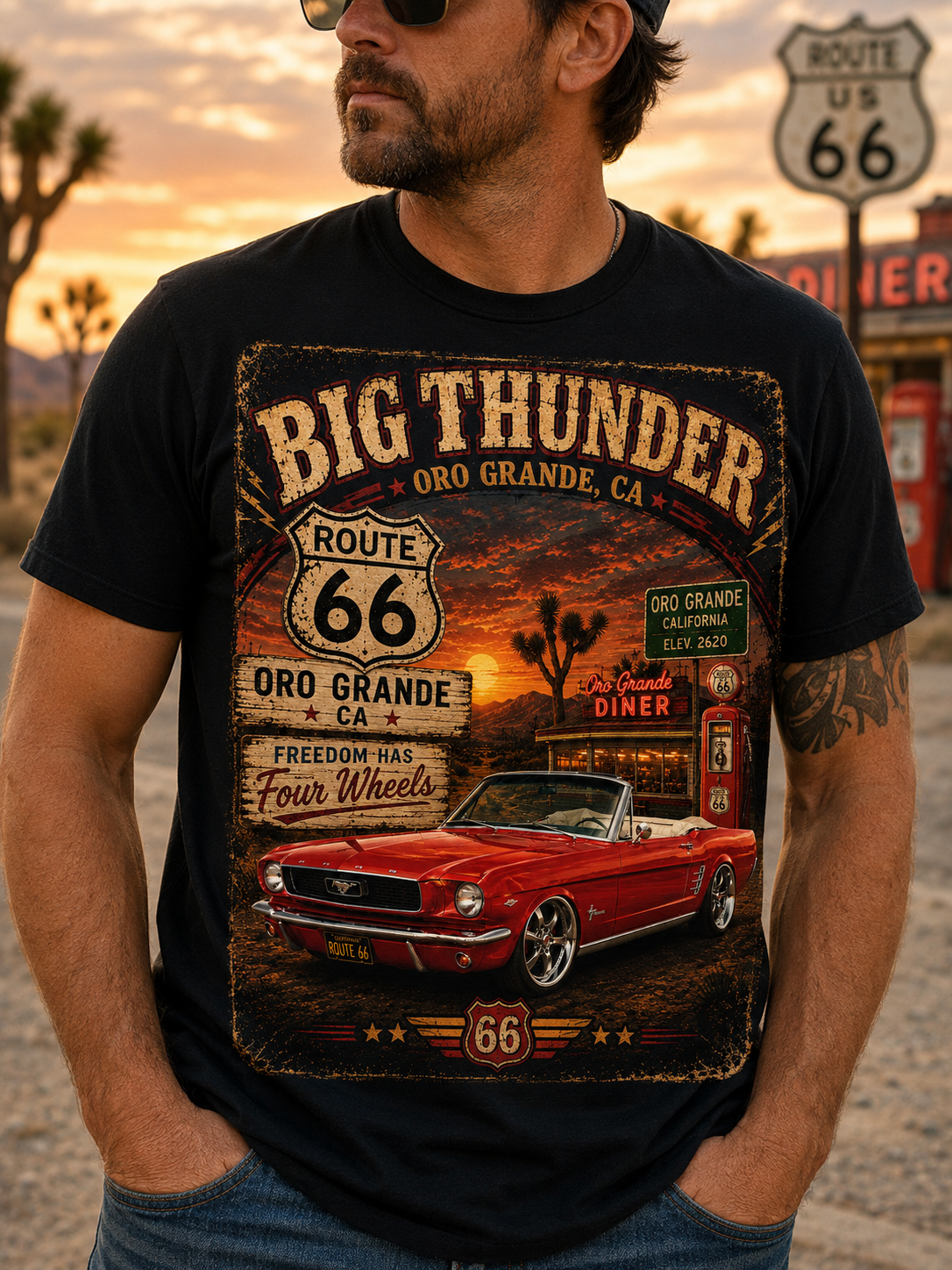 Big Thunder Route 66 Muscle Car T-Shirt | Retro Roadside Signage