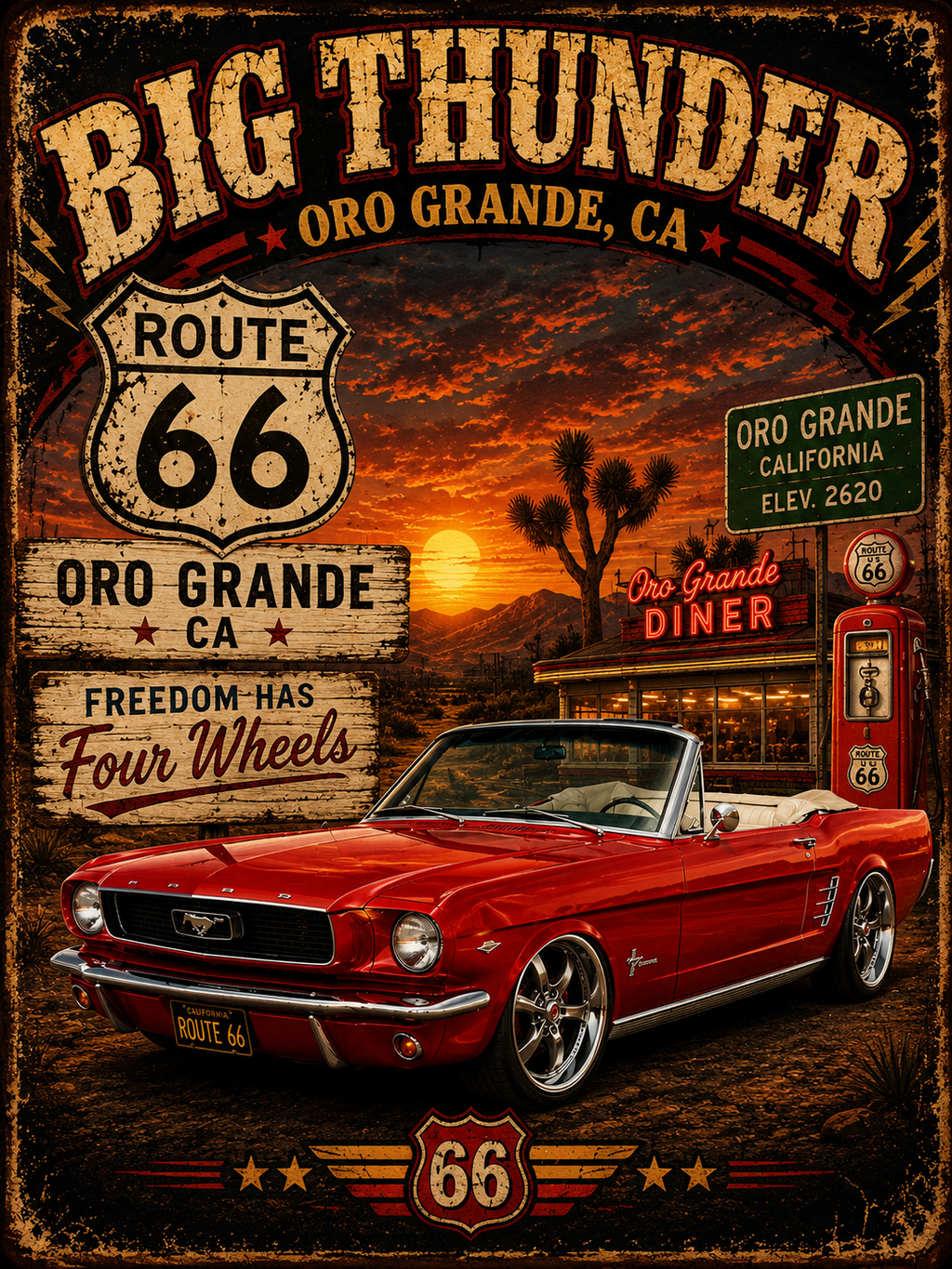 Big Thunder Route 66 Muscle Car T-Shirt | Retro Roadside Signage