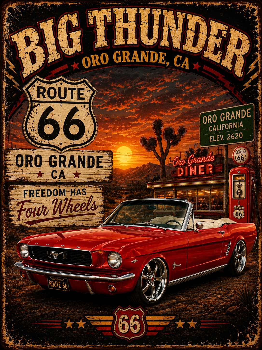 Big Thunder Route 66 Muscle Car T-Shirt | Retro Roadside Signage
