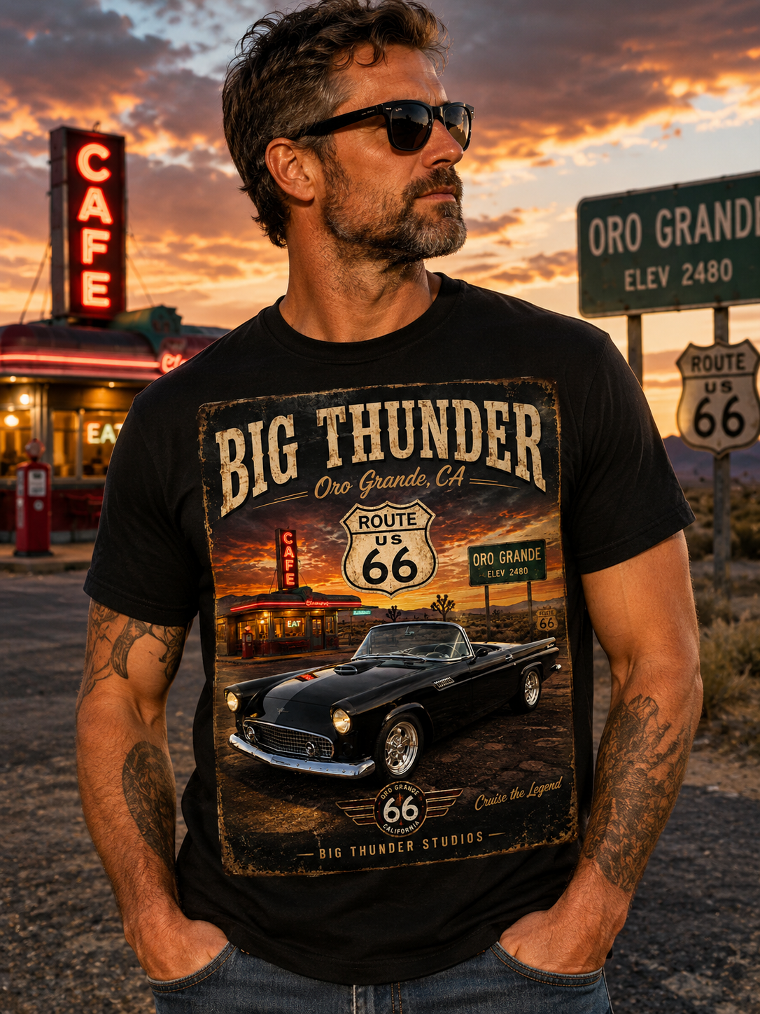 Big Thunder Route 66 Classic Car T-Shirt | Vintage Road Trip Tee