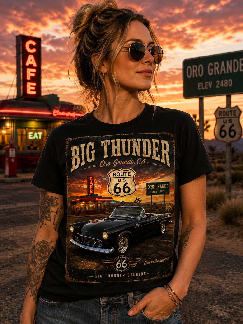 Big Thunder Route 66 Classic Car T-Shirt | Vintage Road Trip Tee
