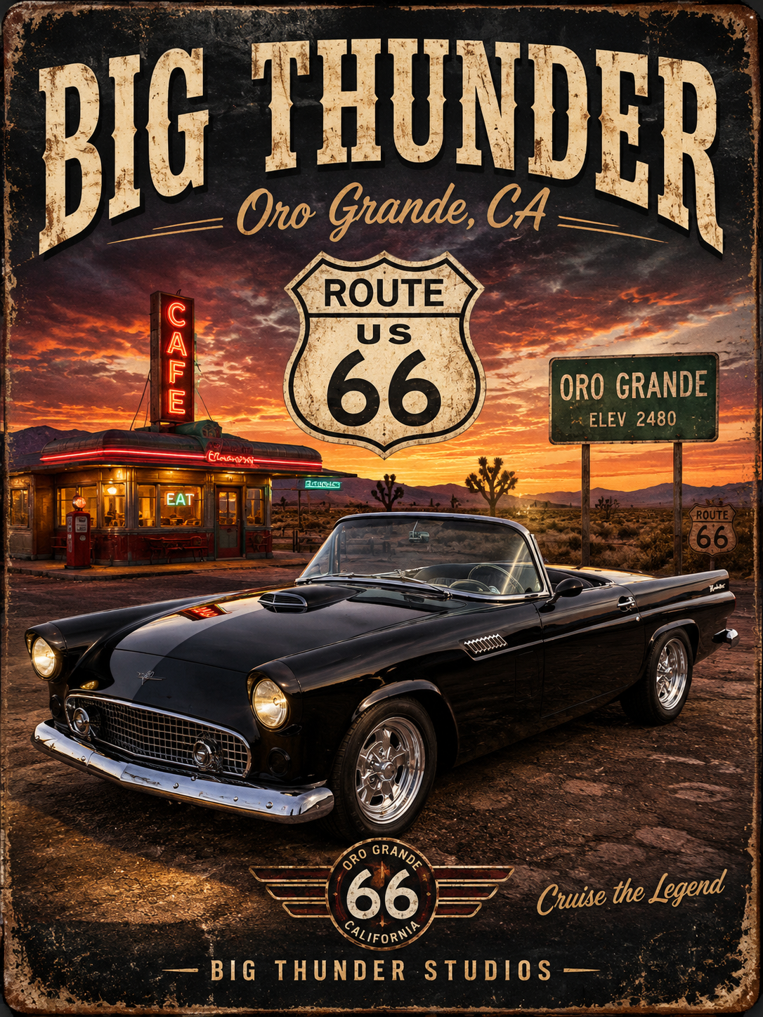 Big Thunder Route 66 Classic Car T-Shirt | Vintage Road Trip Tee
