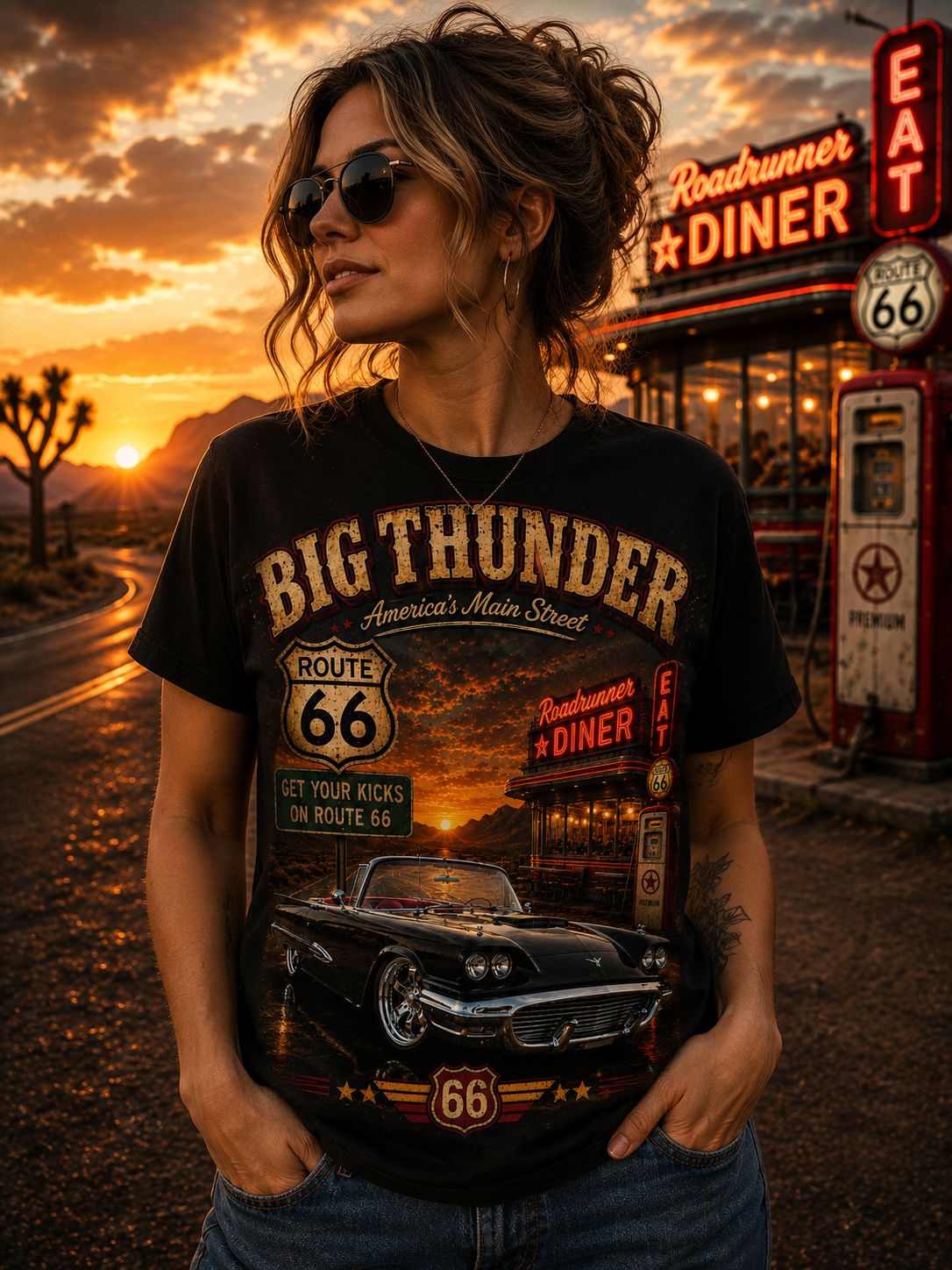Big Thunder Route 66 Vintage Car T-shirt | Retro Diner Sunset Tee