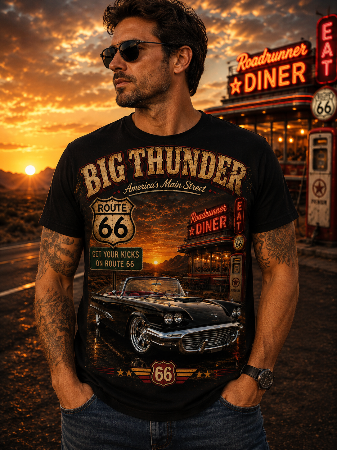 Big Thunder Route 66 Vintage Car T-shirt | Retro Diner Sunset Tee