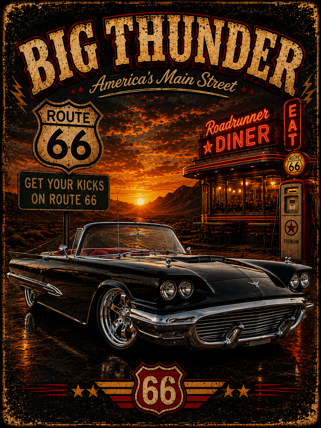 Big Thunder Route 66 Vintage Car T-shirt | Retro Diner Sunset Tee