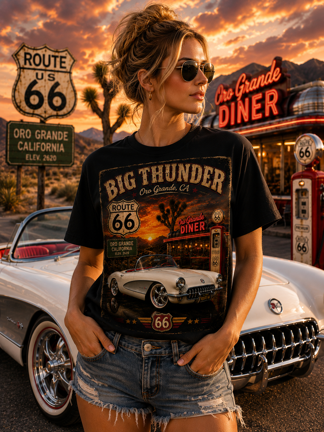 Big Thunder Route 66 Classic Corvette Poster T-Shirt | Vintage Roadtrip Car