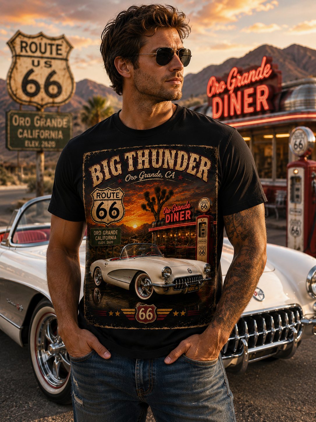 Big Thunder Route 66 Classic Corvette Poster T-Shirt | Vintage Roadtrip Car