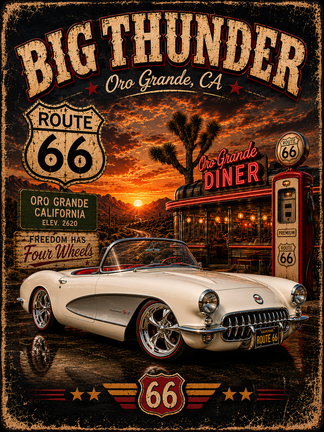 Big Thunder Route 66 Classic Corvette Poster T-Shirt | Vintage Roadtrip Car