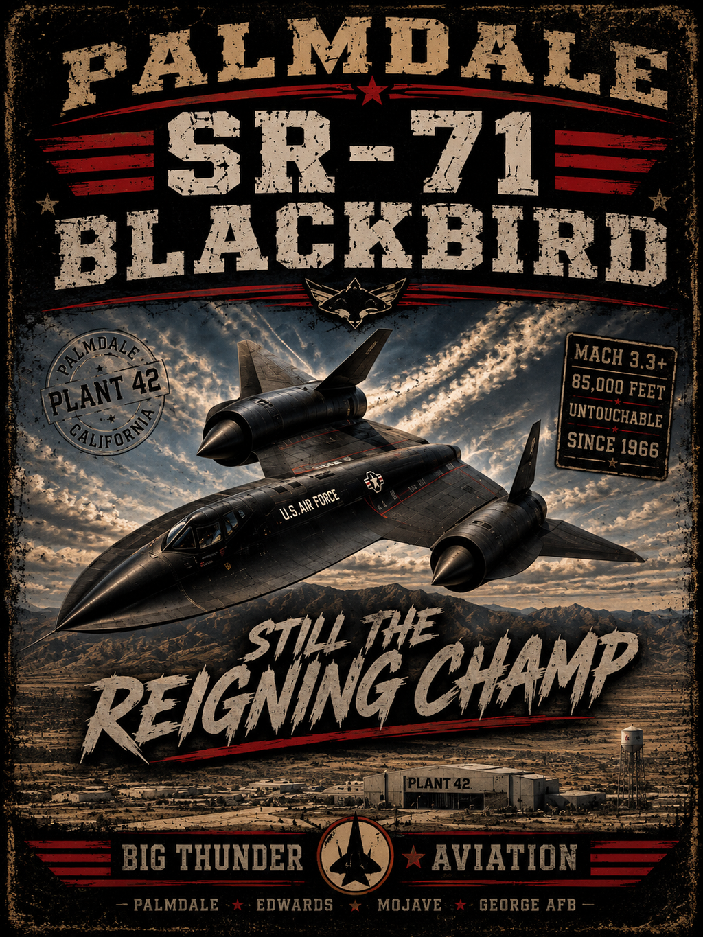 SR-71 Blackbird Palmdale Aviation Poster T-Shirt | Still the Reigning Champ