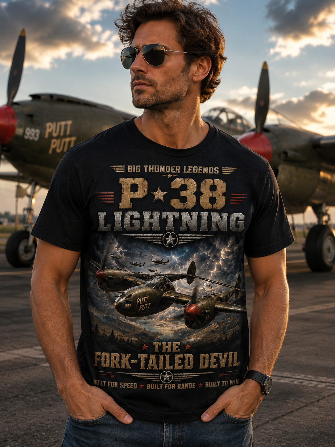 P-38 Lightning Aircraft Poster T-Shirt | Fork-Tailed Devil WWII Plane