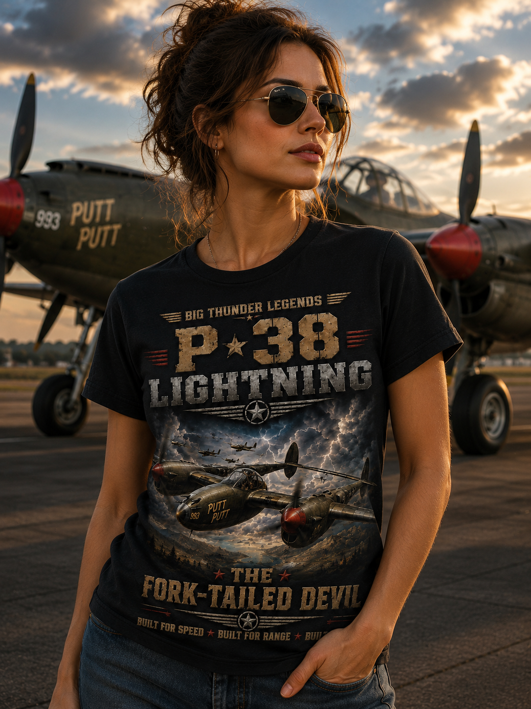 P-38 Lightning Aircraft Poster T-Shirt | Fork-Tailed Devil WWII Plane
