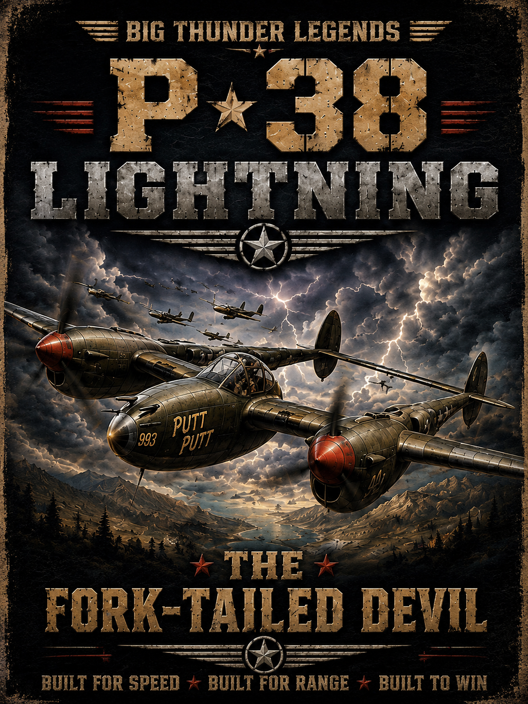 P-38 Lightning Aircraft Poster T-Shirt | Fork-Tailed Devil WWII Plane