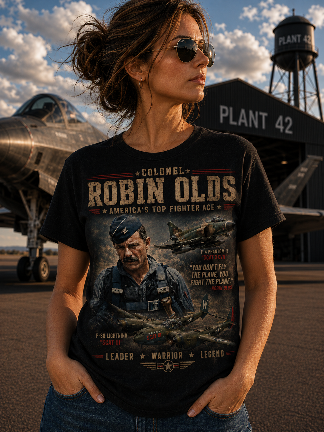 Colonel Robin Olds Aviation Portrait T-Shirt | Fighter Pilot Graphic Tee