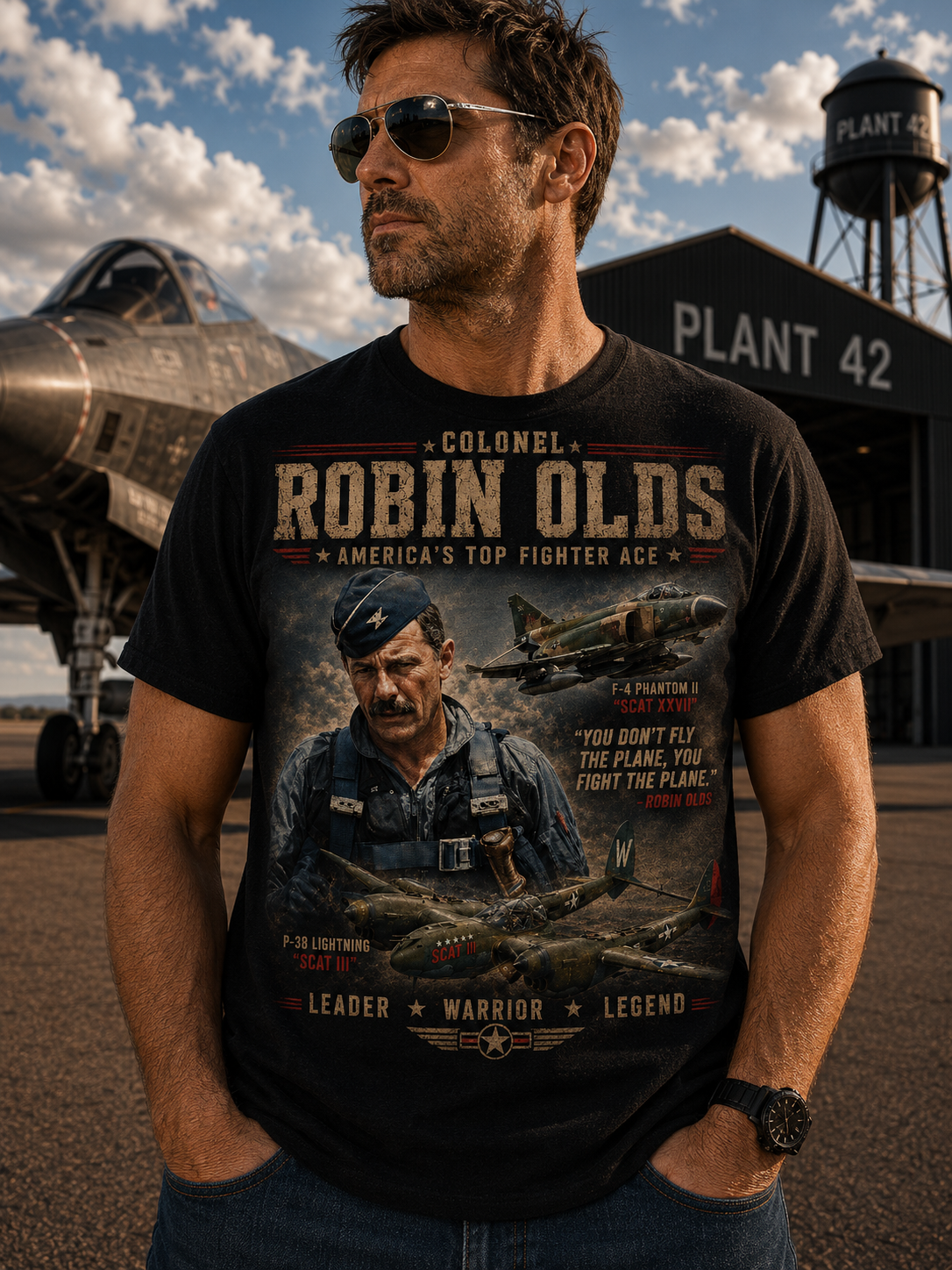 Colonel Robin Olds Aviation Portrait T-Shirt | Fighter Pilot Graphic Tee