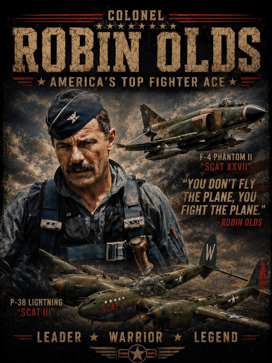 Colonel Robin Olds Aviation Portrait T-Shirt | Fighter Pilot Graphic Tee