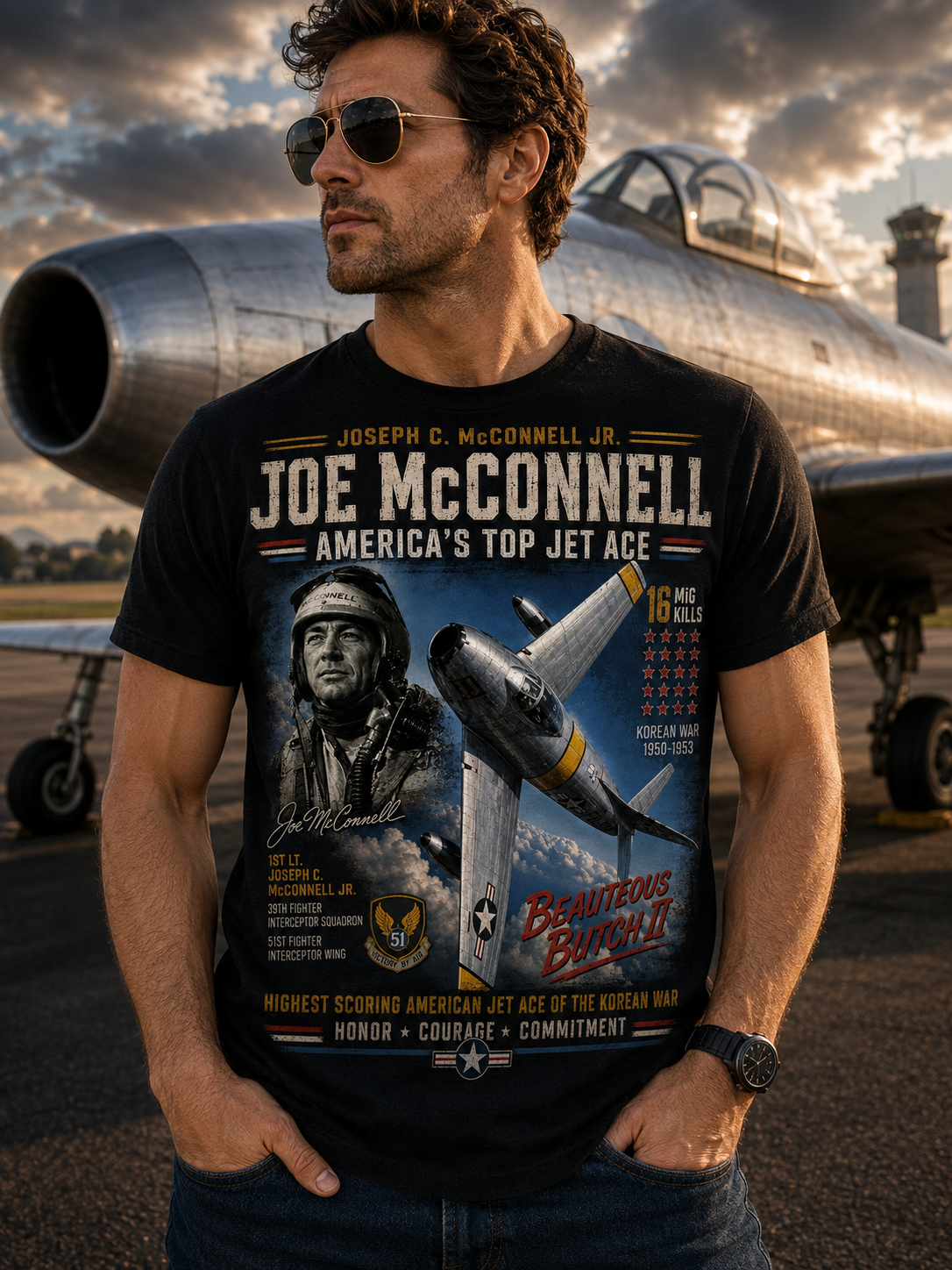 Joe McConnell Jet Ace Pilot Poster T-Shirt | Vintage Aviation Tee