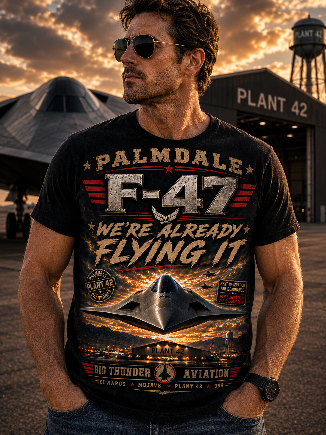 Palmdale F-47 Stealth Jet We're Already Flying It T-Shirt | Aviation Poster Style