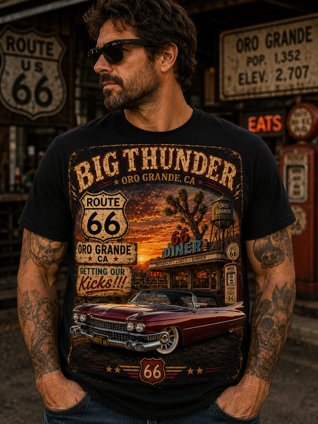 Route 66 Big Thunder Vintage Muscle Car T-Shirt | Retro Roadside Sign Graphic