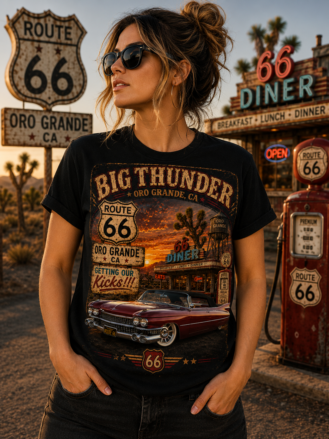 Route 66 Big Thunder Vintage Muscle Car T-Shirt | Retro Roadside Sign Graphic
