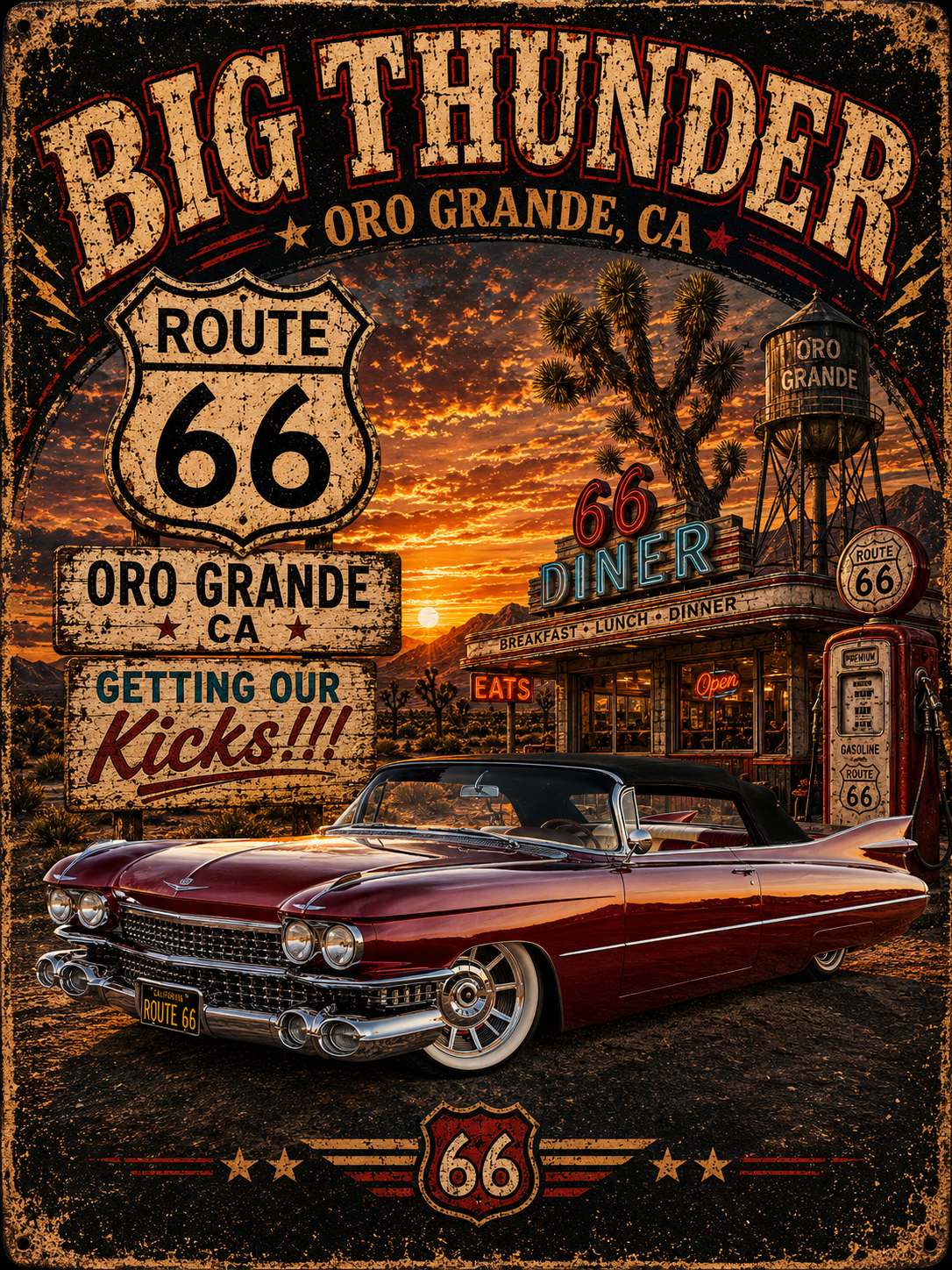 Route 66 Big Thunder Vintage Muscle Car T-Shirt | Retro Roadside Sign Graphic