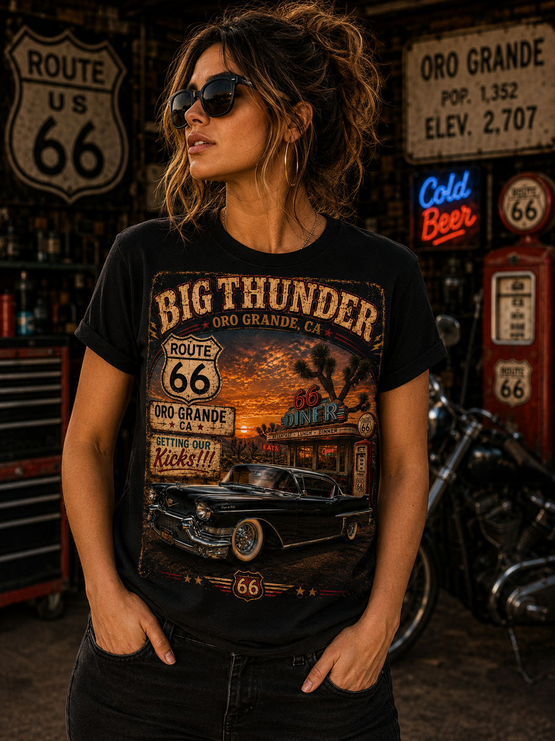 Big Thunder Route 66 Retro Car Poster T-Shirt | Vintage Road Trip Tee