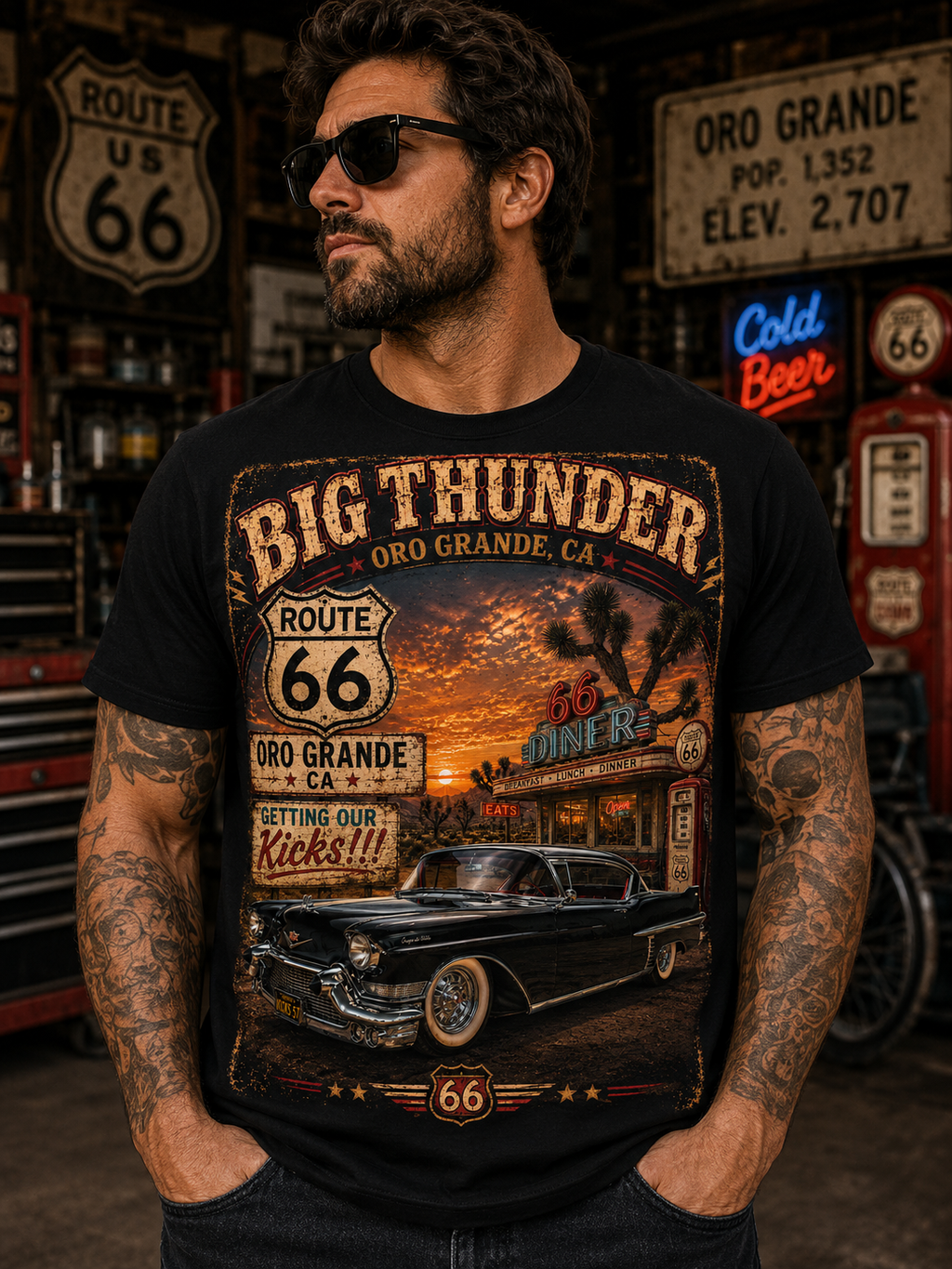 Big Thunder Route 66 Retro Car Poster T-Shirt | Vintage Road Trip Tee