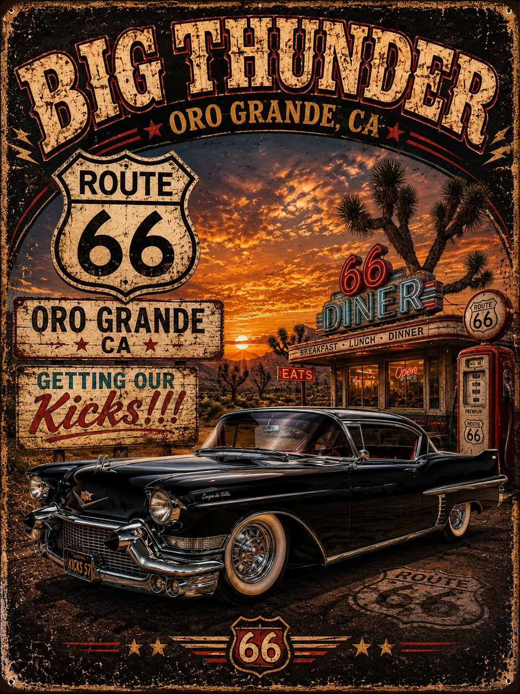 Big Thunder Route 66 Retro Car Poster T-Shirt | Vintage Road Trip Tee